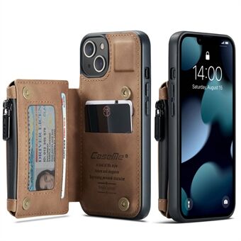 CASEME C20-serien Stötsäker Stöldskyddad blixtlåsficka Plånboksdesign PU-läder och TPU-bakfodral Telefonfodral för iPhone 13 - Brown