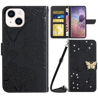 För iPhone 13 s telefonväska med flip-plånbok, fjärilsblommor präglade Stand PU-läder skyddande telefonfodral med axelrem