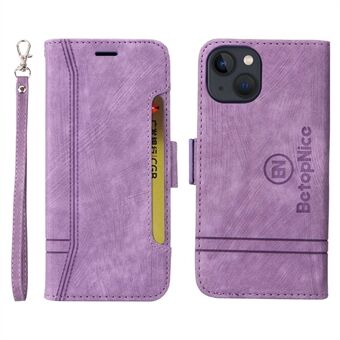 Stand 001 Läderfodral för plånbok för iPhone 13 , stämplad sömlinje Dubbel magnetlås Telefonfodral med rem