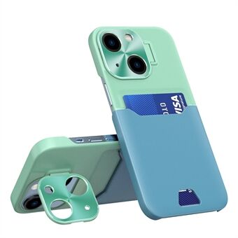 För iPhone 13 6,1 tums kortplatsdesign Bumpsäker telefonbaksida PU-läder+PC-fodral med metalllinsram Stativ