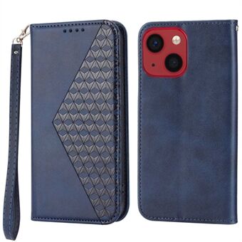 Calf Texture PU-läderfodral för iPhone 13 6,1 tum, magnetisk plånbok präglad Rhombus -mönster Stand med rem