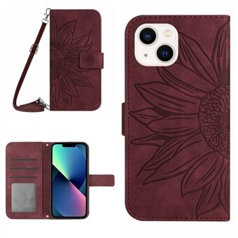 För iPhone 13 6,1 tum HT04 Imprinted Sunflower Skin-touch PU-läder + TPU-fodral Stand Plånbok Telefonskydd med axelrem