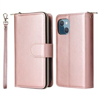 Blixtlåsficka Mobiltelefonfodral för iPhone 13 6,1 tum, magnetiskt PU-läderfodral 9 korthållare Flip Stand -plånbok med rem
