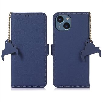 Plånbokstelefonfodral för iPhone 13 6,1 tum Magnetisk Stand Stativfodral i äkta läder RFID-blockerande telefonskal med kedjedekoration