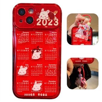 För iPhone 13 6,1 tum Fallsäker Röd Kalender TPU telefonfodral Mobiltelefonskal med flipspegel och kedja