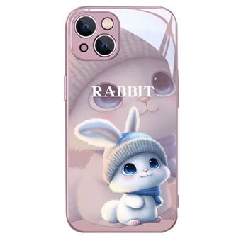 För iPhone 13 6,1 tum bakstycke, tecknad kanin med stickad mössa Fallbeständigt härdat glas+TPU telefonskyddsfodral