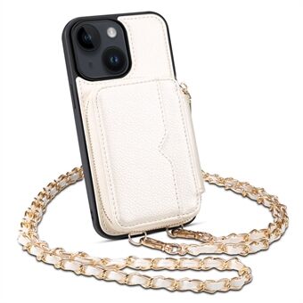 För iPhone 13 6,1 tums mobilfodral Kickstand Korthållare Plånbok PU Läder+TPU telefonfodral med rem