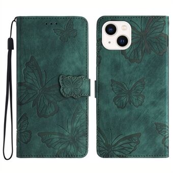 Stand skal för iPhone 13 6,1 tums plånboksfodral i PU-läder Butterfly-präglat telefonfodral med hudkontakt