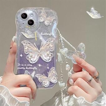 För iPhone 14 Wavy Edge Butterfly Pattern Case Mjuk TPU Gradient Glitter Telefonskal med kedja