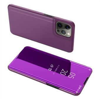 Elektroplätering Spegel Yta Läder Telefonfodral Stand skal med utsiktsfönster för iPhone 13 Pro - Purple