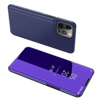 Elektroplätering Spegel Yta Läder Telefonfodral Stand skal med utsiktsfönster för iPhone 13 Pro - Dark Blue