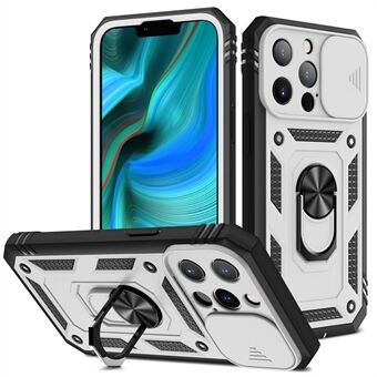 Anti-Drop Välskyddad kameraskjutare Design Metall Stativ 3-i-1 TPU + PC-telefonfodral för iPhone 13 Pro - White/Black