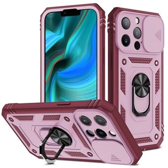 Anti-Drop Välskyddad kameraskjutare Design Metall Stativ 3-i-1 TPU + PC-telefonfodral för iPhone 13 Pro - Pink