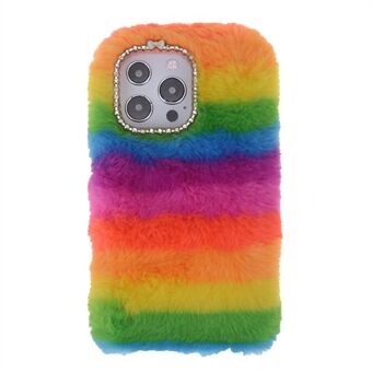 Rainbow Furry Fluffy Phone Case Mjukt TPU bakskal med Bling Rhinestone för iPhone 13 Pro 