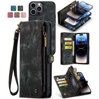 CASEME 008-serien Fallsäker flerfunktionsplånbok TPU + delat läder 2-i-1 Stand skal för iPhone 13 Pro - Black
