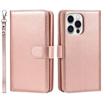 Detachable PU Leather Wallet Stand Case Non-slip Grip Phone Shell with Wrist Strap for iPhone 13 Pro 