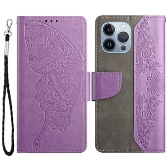 PU Leather Imprinting Butterfly Flower Case for iPhone 13 Pro , Wallet Cover Foldable Stand Shell