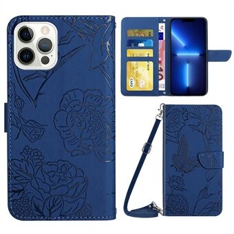For iPhone 13 Pro  PU Leather Butterflies Flower Imprinted Stand Wallet Phone Cover with Shoulder Strap
