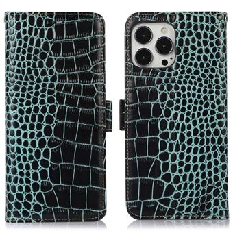 For iPhone 13 Pro  RFID Blocking Genuine Cowhide Leather Wallet Phone Cover, Drop Proof Crocodile Texture Stand Magnetic Flip Folio Case