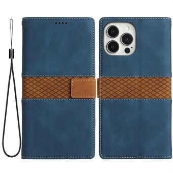For iPhone 13 Pro  Grid Splicing Decor PU Leather Phone Cover Full Body Protection Stand Wallet Case with Strap