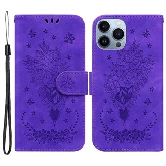 For iPhone 13 Pro  PU Leather Phone Cover with Strap Imprinting Roses Butterflies Pattern Shockproof Phone Case Impact-resistant Wallet Stand Cover