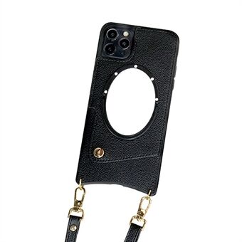 För iPhone 13 Pro 6,1 tums korthållare Fish Tail Design Telefonskydd PU-läderbelagd TPU-spegel Anti-droppfodral med axelrem