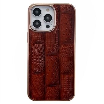 For iPhone 13 Pro 6.1 inch Slim Nano Electroplating Mahjong Texture Cell Phone Back Cover Genuine Cowhide Leather+PC+TPU Phone Shell