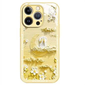 För iPhone 13 Pro 6,1 tum bakskal Moon och kanin Oljemålning Scratch härdat glas + TPU telefonfodral