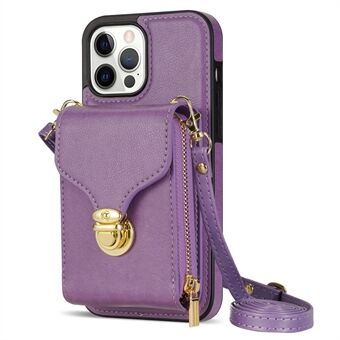 För iPhone 13 Pro 6,1 tum PU-läder + TPU-bakfodral Dragkedja Korthållare Kickstand Telefonskydd med axelrem