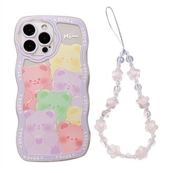 Klart TPU-fodral för iPhone 13 Pro , björnmönster mobiltelefonfodral med lila blommor handledsrem