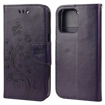 Fullt skyddande Butterfly Flower Imprint Läderplånbok Telefonskydd med Stand för iPhone 13 mini 