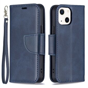 Plånboksfodral i vanligt läder Telefonfodral med rem till iPhone 13 mini - Blå