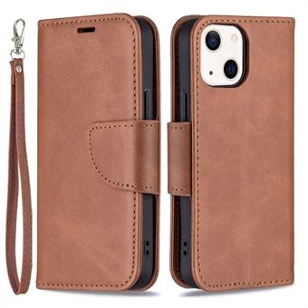 Enfärgat läderplånboksfodral Telefonskal med rem för iPhone 13 mini - Brown