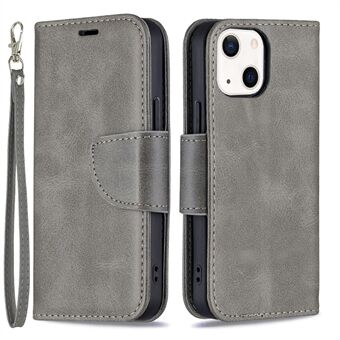 Enfärgat läderplånboksfodral Telefonskal med rem för iPhone 13 mini - Grey