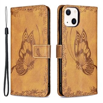 Imprint Butterfly PU Stand Plånbok Flip Fodral Skal med handledsrem för iPhone 13 mini 