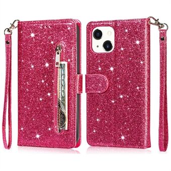 Glitter paljetter Allroundskydd Magnetiskt lås Dragkedja Ficka Plånbok Flip Läder Telefonskal med Stand för iPhone 13 Mini - Rose