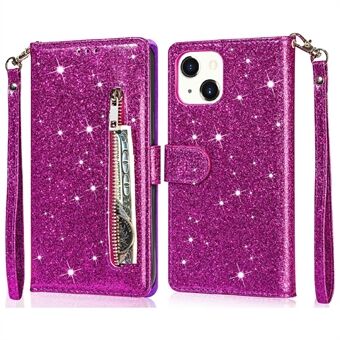 Glitter paljetter Allroundskydd Magnetiskt lås Dragkedja Ficka Plånbok Flip Läder Telefonskal med Stand för iPhone 13 Mini - Purple