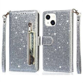 Glitter paljetter Allroundskydd Magnetiskt lås Dragkedja Ficka Plånbok Flip Läder Telefonskal med Stand för iPhone 13 Mini - Grey