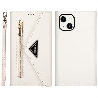 Fullständigt skydd Läder Dragkedja Plånbok Design Skin Feeling telefonfodral med Stand och rem för iPhone 13 mini - White