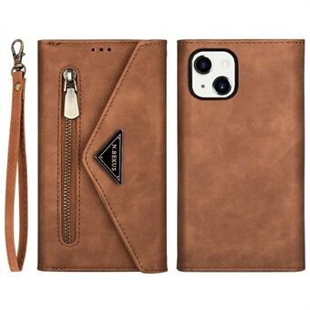 Fullständigt skydd Läder Dragkedja Plånbok Design Skin Feeling telefonfodral med Stand och rem för iPhone 13 mini - Brown