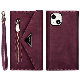 Fullständigt skydd Läder Dragkedja Plånbok Design Skin Feeling telefonfodral med Stand och rem för iPhone 13 mini - Wine Red