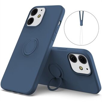 360° roterande Ring Drop-beständig miljövänlig flytande silikontelefon Skyddsfodral Skal med praktisk rem för iPhone 13 mini - midnattsblå