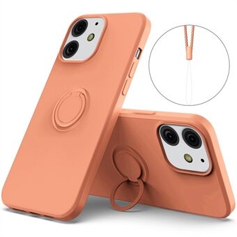 360° roterande Ring Drop-beständig miljövänlig flytande silikontelefon Skyddsfodral Skal med praktisk rem för iPhone 13 mini - Orange