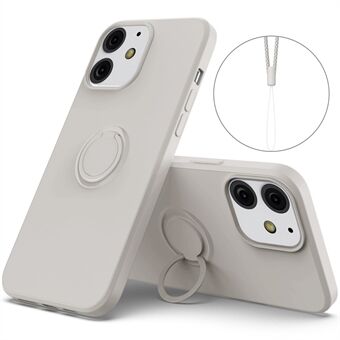 360° roterande Ring Drop-beständig miljövänlig flytande silikontelefon Skyddsfodral Skal med praktisk rem för iPhone 13 mini - Grå