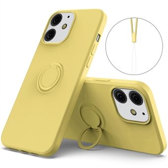 360° roterande Ring Drop-beständig miljövänlig flytande silikontelefon Skyddsfodral Skal med praktisk rem för iPhone 13 mini - gul