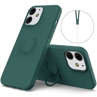 360° roterande Ring Drop-beständig miljövänlig flytande silikontelefon Skyddsfodral Skal med praktisk rem för iPhone 13 mini - Svart Grön