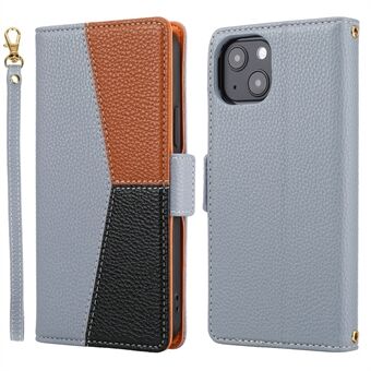 Litchi Texture Splicing PU-läder plånboksfodral Fullt skydd Premium Flip Stand Cover med magnetisk stängning och rem för iPhone 13 mini 