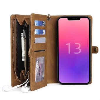 MEGSHI 017-serien Handy Rem Allround-skydd Snygg magnetisk absorption Plånbok med dragkedja Löstagbart läderfodral för iPhone 13 mini 
