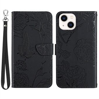 For iPhone 13 mini  Fashionable PU Leather Case Supporting Stand Skin-touch Feeling Butterfly Flower Pattern Imprinted Flip Wallet Phone Cover with Wrist Strap