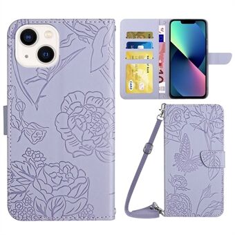 For iPhone 13 mini  PU Leather Skin-friendly Flip Wallet Phone Case Viewing Stand Butterfly Flower Pattern Imprinted Protective Cover with Shoulder Strap